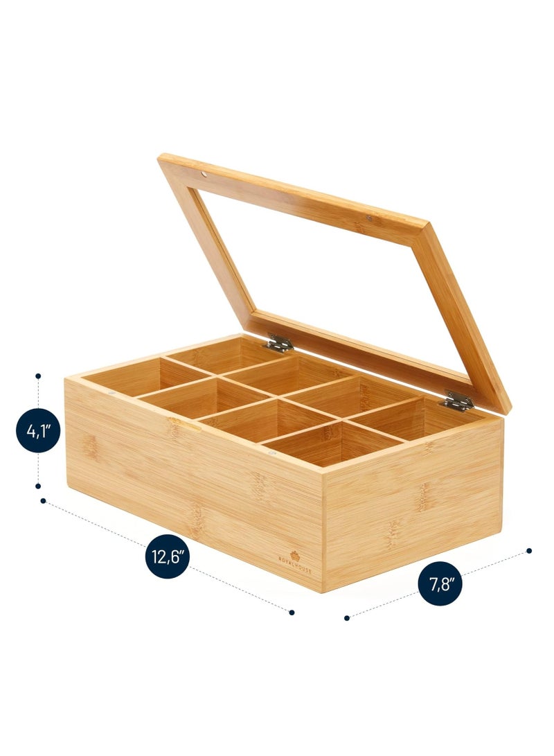 Relex Natural Bamboo Tea Box Storage Organizer, 8 Compartments Tea Bag Holder with Clear Acrylic Top Window, Natural Finish Tea Storage Organizer (Covered 8 Compartments)  - Image 2