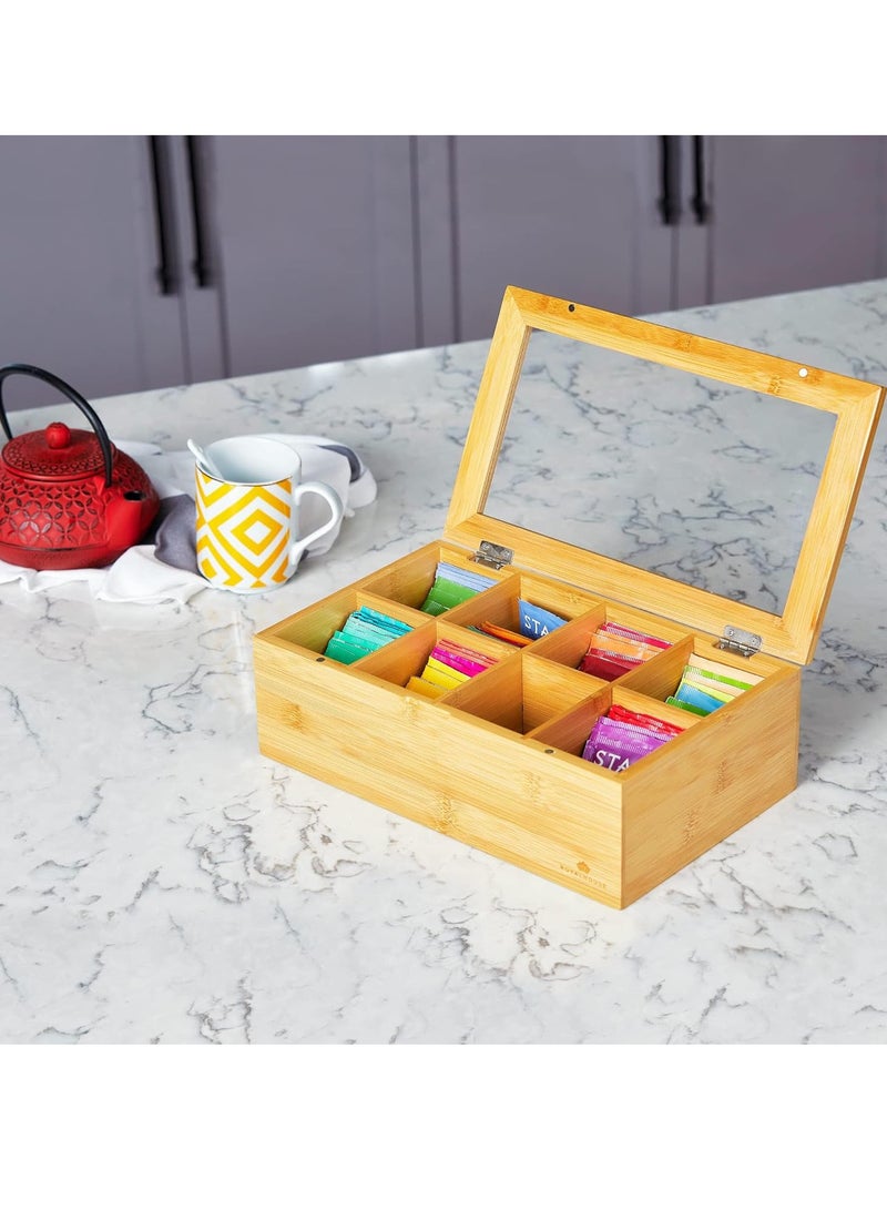 Relex Natural Bamboo Tea Box Storage Organizer, 8 Compartments Tea Bag Holder with Clear Acrylic Top Window, Natural Finish Tea Storage Organizer (Covered 8 Compartments)  - Image 5