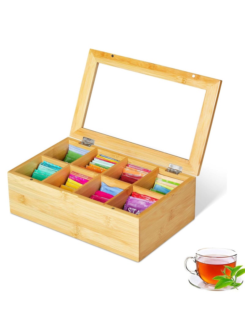 Relex Natural Bamboo Tea Box Storage Organizer, 8 Compartments Tea Bag Holder with Clear Acrylic Top Window, Natural Finish Tea Storage Organizer (Covered 8 Compartments)  - Image 1