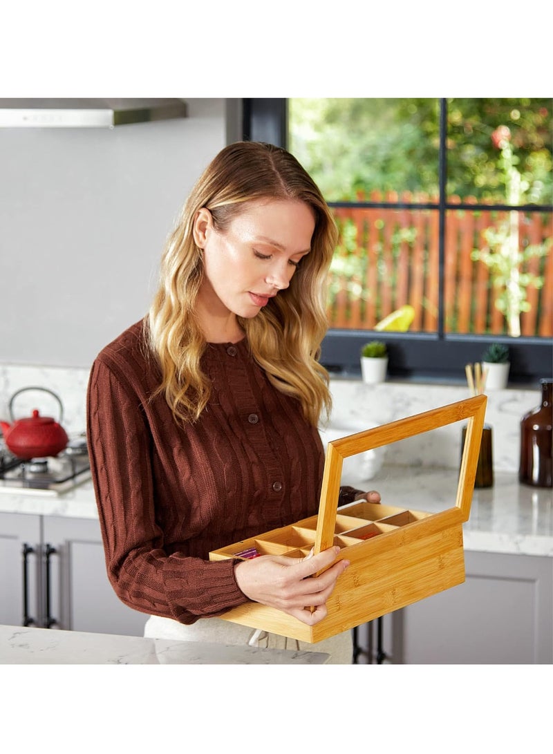 Relex Natural Bamboo Tea Box Storage Organizer, 8 Compartments Tea Bag Holder with Clear Acrylic Top Window, Natural Finish Tea Storage Organizer (Covered 8 Compartments)  - Image 4