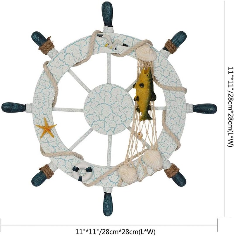 Rienar Nautical Ship Steering Wheel - 11" Diameter Wooden Beach Home Wall Décor With Fishing Net/Shell/Fish/Starfish/Seagull - Image 2