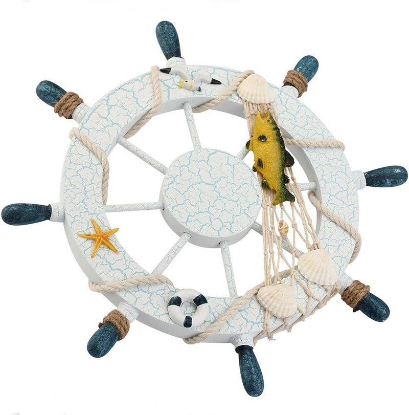 Rienar Nautical Ship Steering Wheel - 11" Diameter Wooden Beach Home Wall Décor With Fishing Net/Shell/Fish/Starfish/Seagull - Image 3