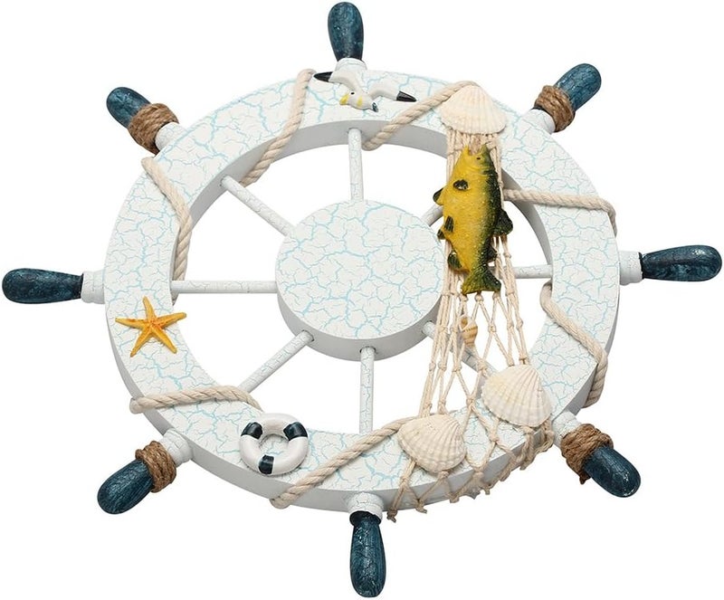 Rienar Nautical Ship Steering Wheel - 11" Diameter Wooden Beach Home Wall Décor With Fishing Net/Shell/Fish/Starfish/Seagull - Image 4