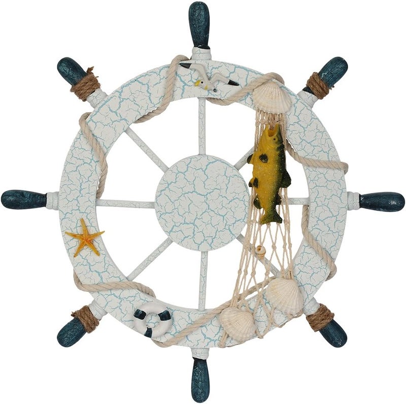 Rienar Nautical Ship Steering Wheel - 11" Diameter Wooden Beach Home Wall Décor With Fishing Net/Shell/Fish/Starfish/Seagull - Image 1