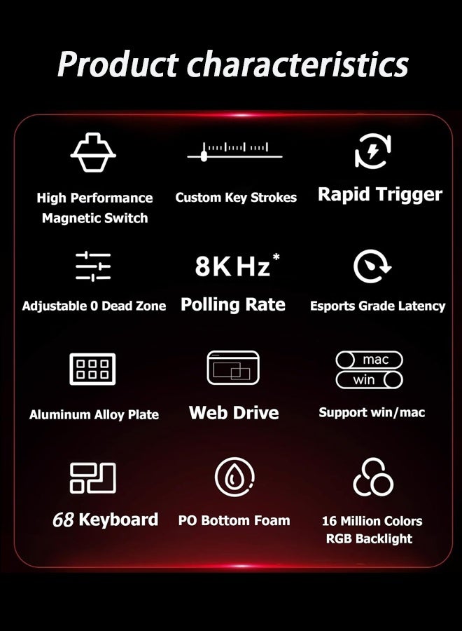 MAD 68 R Keyboard Gaming Magnetic Switch RGB 8Khz Hot Swap Hall Effect Quick Trigger Adjustable Actuation Ultra Fast 65% RT Mechanical Gaming Keyboard with Side Printed Keycaps Customisation Software PC Gamer Accessory Gift (Black Red)