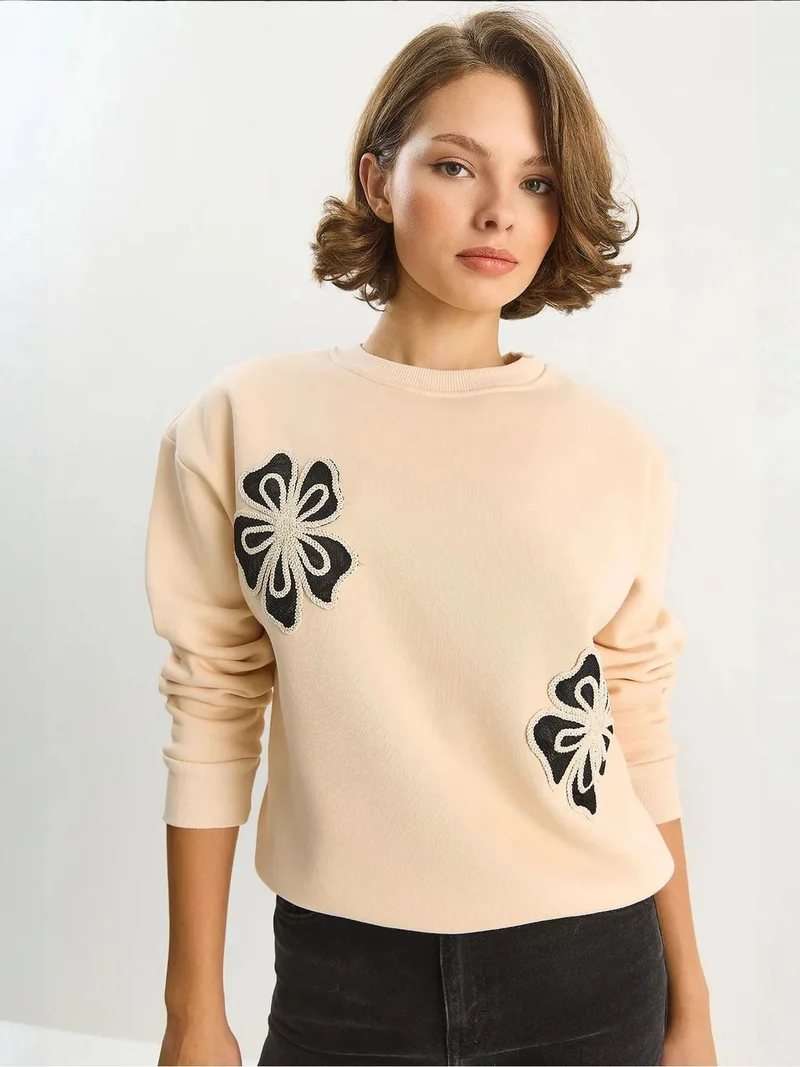 Bianco Lucci Beige Natural LUCCI Embroidered Crew Neck Cotton Sweatshirt for Women | Best Price UAE