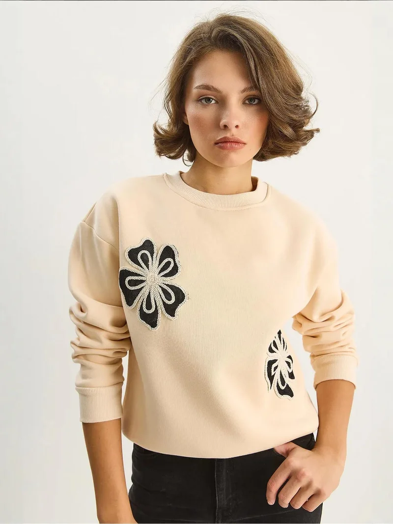 Bianco Lucci Beige Natural LUCCI Embroidered Crew Neck Cotton Sweatshirt for Women | Best Price UAE