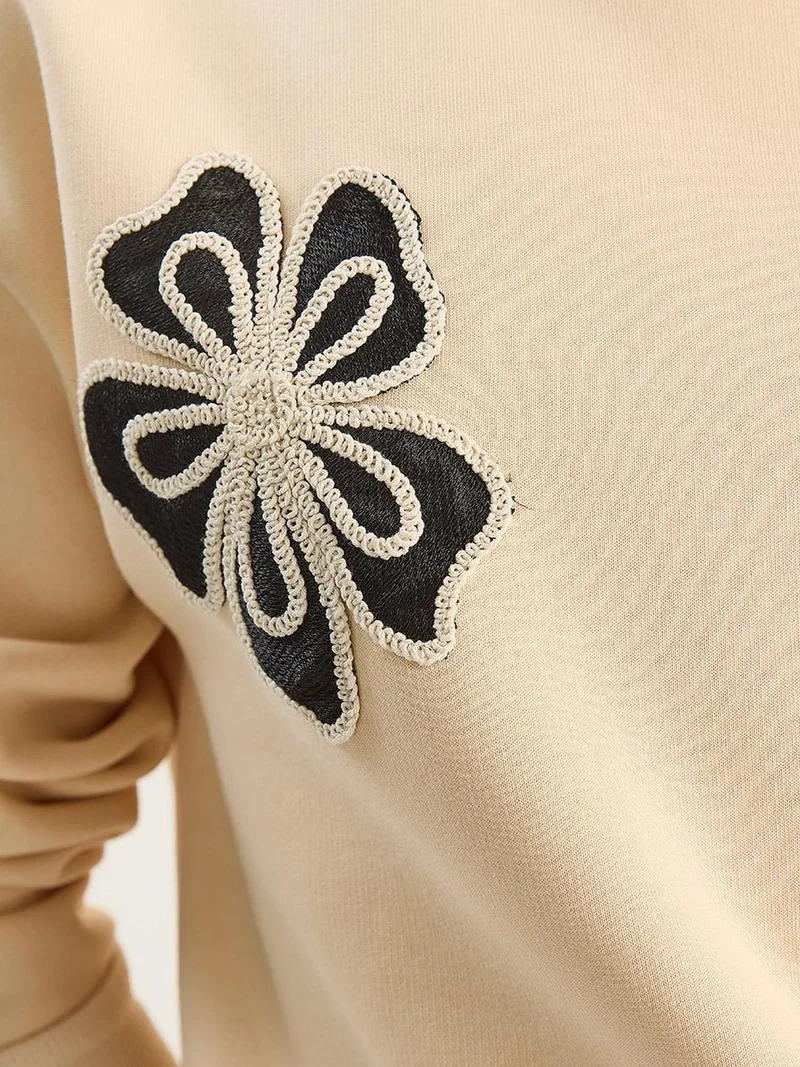 Bianco Lucci Beige Natural LUCCI Embroidered Crew Neck Cotton Sweatshirt for Women | Best Price UAE