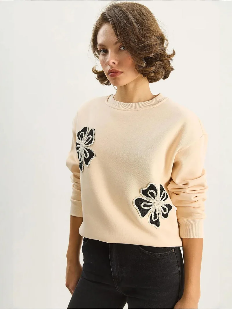 Bianco Lucci Beige Natural LUCCI Embroidered Crew Neck Cotton Sweatshirt for Women | Best Price UAE