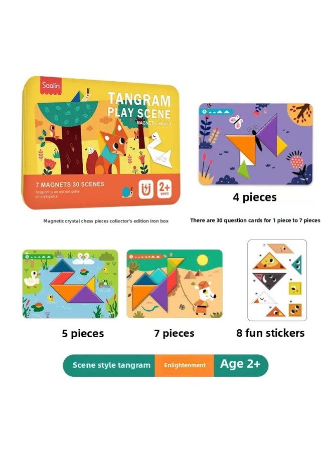 Saalin Shalin Magnetic Changeable Tangram Portable Toy Geometric Puzzle Teaching Aids For Primary School Students Magnetic Stickers-Color:Scene Advanced Tangram Enlightenment - Image 1