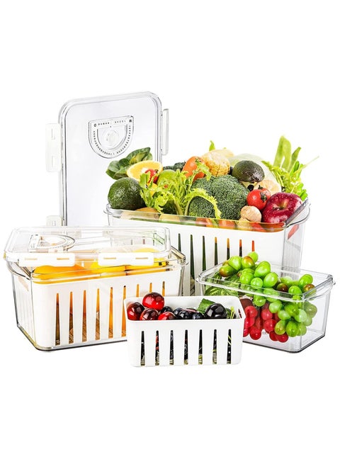 Refrigerator Saver Containers with Time Setting, 3 Pcs Fruit Vegetable Storage Containers for Refrigerator, Food Storage Containers for Fridge with Drain Basket, for Freezer, Countertops, Cabinet