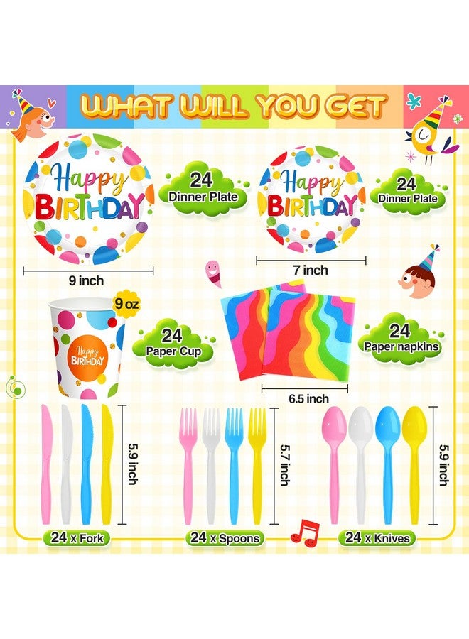 مينبلان تكفي Meanplan لـ 24 ضيفًا، أطباق ومناديل عيد ميلاد سعيد، مجموعة أدوات مائدة عيد ميلاد منقطة بألوان قوس قزح، زينة حفلات عيد ميلاد منقطة بألوان قوس قزح للأطفال، تتضمن أكوابًا وسكاكين وشوك وملاعق، إجمالي 168 قطعة - Image 2