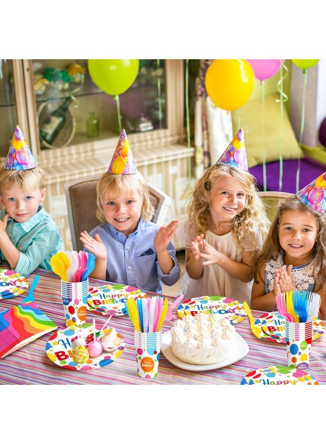 مينبلان تكفي Meanplan لـ 24 ضيفًا، أطباق ومناديل عيد ميلاد سعيد، مجموعة أدوات مائدة عيد ميلاد منقطة بألوان قوس قزح، زينة حفلات عيد ميلاد منقطة بألوان قوس قزح للأطفال، تتضمن أكوابًا وسكاكين وشوك وملاعق، إجمالي 168 قطعة - Image 3