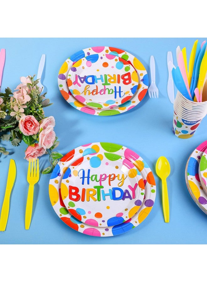 مينبلان تكفي Meanplan لـ 24 ضيفًا، أطباق ومناديل عيد ميلاد سعيد، مجموعة أدوات مائدة عيد ميلاد منقطة بألوان قوس قزح، زينة حفلات عيد ميلاد منقطة بألوان قوس قزح للأطفال، تتضمن أكوابًا وسكاكين وشوك وملاعق، إجمالي 168 قطعة - Image 4