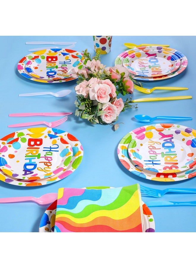 مينبلان تكفي Meanplan لـ 24 ضيفًا، أطباق ومناديل عيد ميلاد سعيد، مجموعة أدوات مائدة عيد ميلاد منقطة بألوان قوس قزح، زينة حفلات عيد ميلاد منقطة بألوان قوس قزح للأطفال، تتضمن أكوابًا وسكاكين وشوك وملاعق، إجمالي 168 قطعة - Image 5