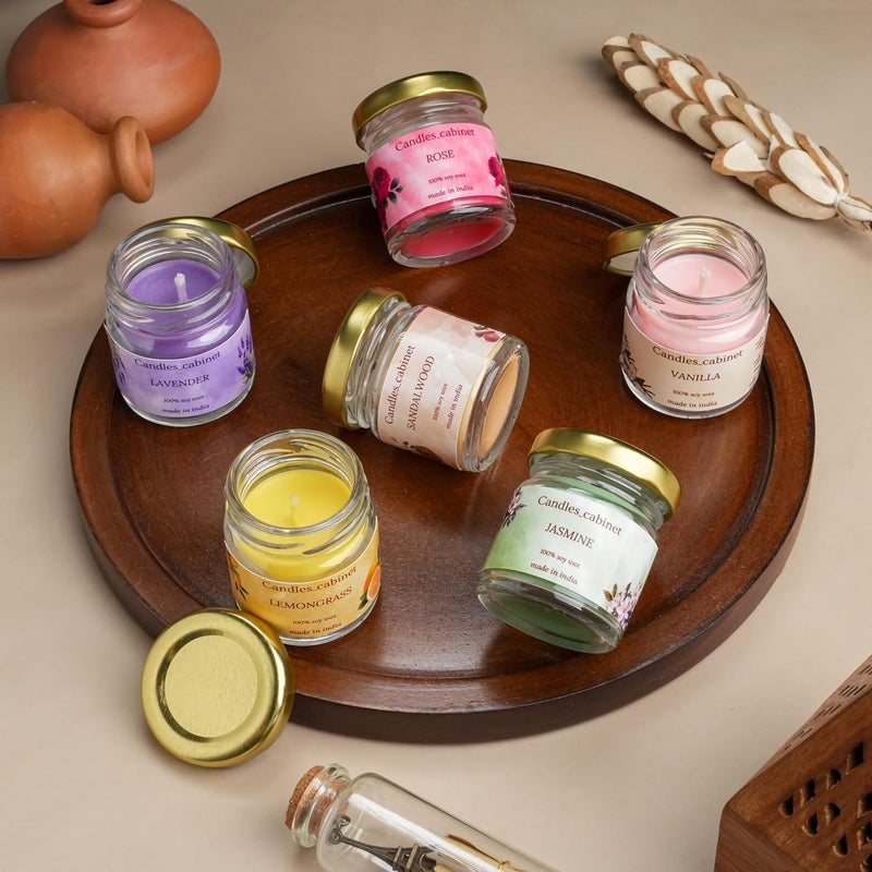 CANDLE_CABINETS Organic Soy Wax Aroma Candles Set of 6 Scented Aromatic Fragrance Vanilla, Lemongrass, Jasmine, Sandalwood, Lavender & Rose for Gifting Home,Up to 23 Hours Burn Time (60 GMS Each) - Image 3