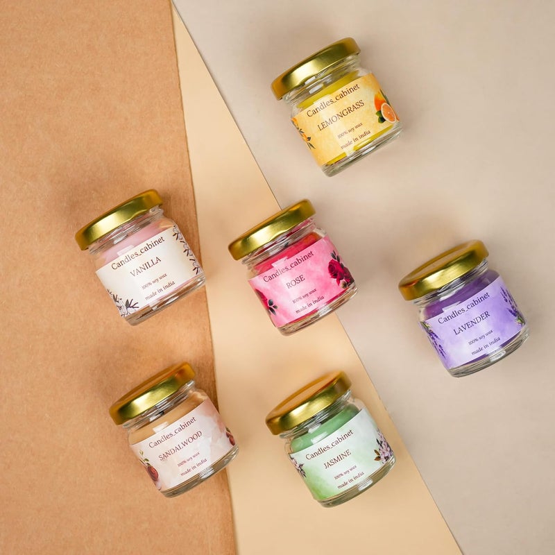 CANDLE_CABINETS Organic Soy Wax Aroma Candles Set of 6 Scented Aromatic Fragrance Vanilla, Lemongrass, Jasmine, Sandalwood, Lavender & Rose for Gifting Home,Up to 23 Hours Burn Time (60 GMS Each) - Image 4