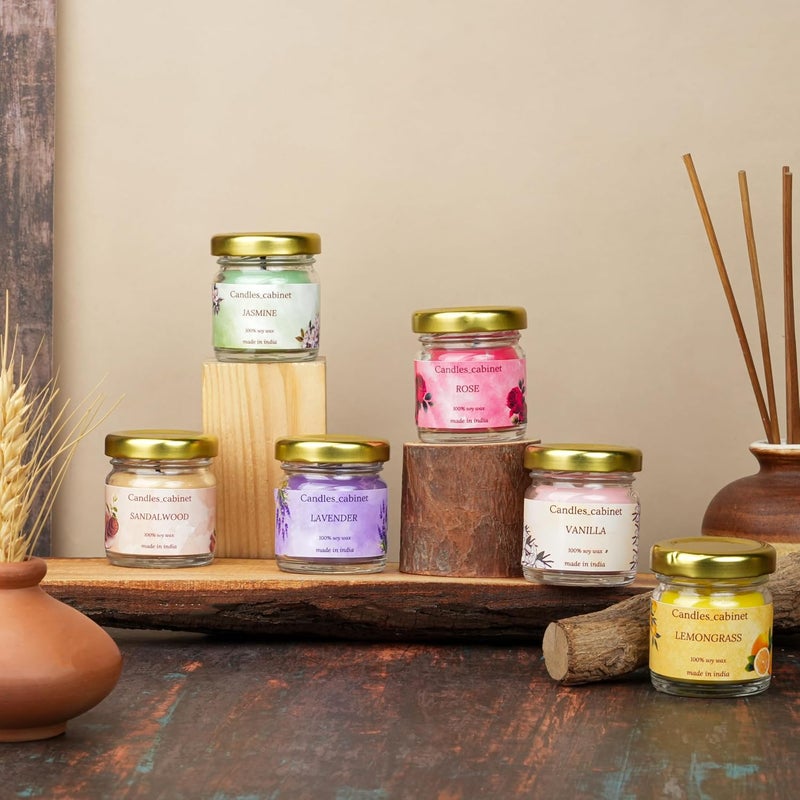 CANDLE_CABINETS Organic Soy Wax Aroma Candles Set of 6 Scented Aromatic Fragrance Vanilla, Lemongrass, Jasmine, Sandalwood, Lavender & Rose for Gifting Home,Up to 23 Hours Burn Time (60 GMS Each) - Image 1