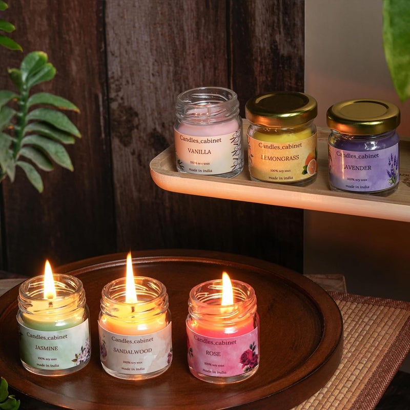 CANDLE_CABINETS Organic Soy Wax Aroma Candles Set of 6 Scented Aromatic Fragrance Vanilla, Lemongrass, Jasmine, Sandalwood, Lavender & Rose for Gifting Home,Up to 23 Hours Burn Time (60 GMS Each) - Image 2
