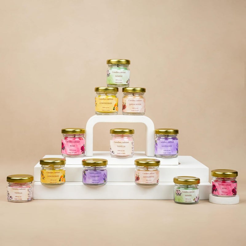 CANDLE_CABINETS Organic Soy Wax Aroma Candles Set of 6 Scented Aromatic Fragrance Vanilla, Lemongrass, Jasmine, Sandalwood, Lavender & Rose for Gifting Home,Up to 23 Hours Burn Time (60 GMS Each) - Image 5
