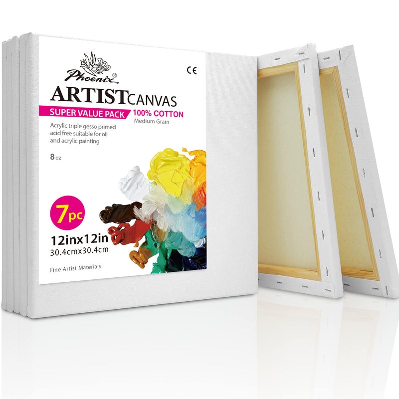PHOENIX Stretched Canvas for Painting 12x12 Inch/7 Value Pack, 8 Oz Triple Primed 5/8 Inch Profile 100% Cotton White Blank Canvas, Square Framed Canvas for Oil Acrylic & Pouring Art - Image 1