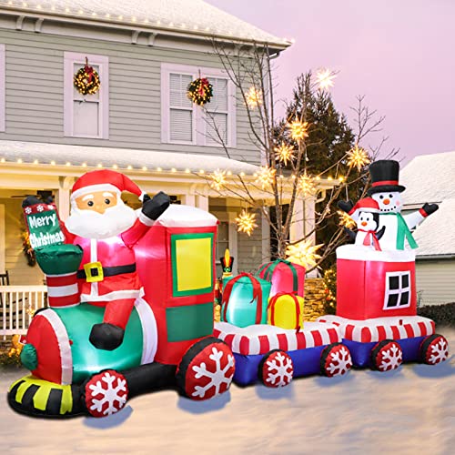 FunFanso 8 FT Christmas Inflatable Train with Santa Claus, Snowman, Penguin, Gift Boxes, Blow Up Yard Decorations with Built-in Lights, Lovely Xmas Train Carriage for Holiday Display Lawn Garden Party Decor - Image 1