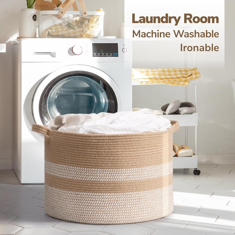 ALBY LBY Large Wicker Basket Blanket Basket Living Room Woven Basket with Handle Toy Baskets Storage Kids Laundry Baskets for Clothes Pillows Towel White Jute  - Image 3