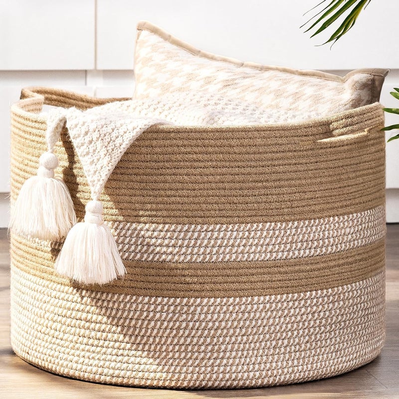 ALBY LBY Large Wicker Basket Blanket Basket Living Room Woven Basket with Handle Toy Baskets Storage Kids Laundry Baskets for Clothes Pillows Towel White Jute  - Image 1