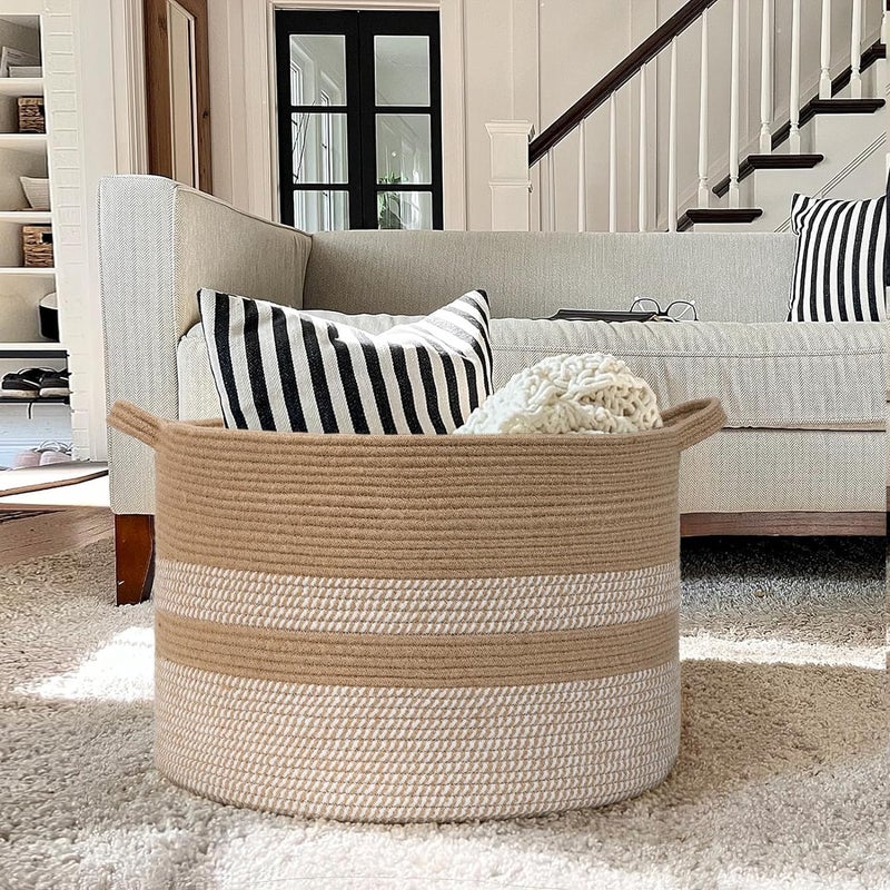 ALBY LBY Large Wicker Basket Blanket Basket Living Room Woven Basket with Handle Toy Baskets Storage Kids Laundry Baskets for Clothes Pillows Towel White Jute  - Image 2