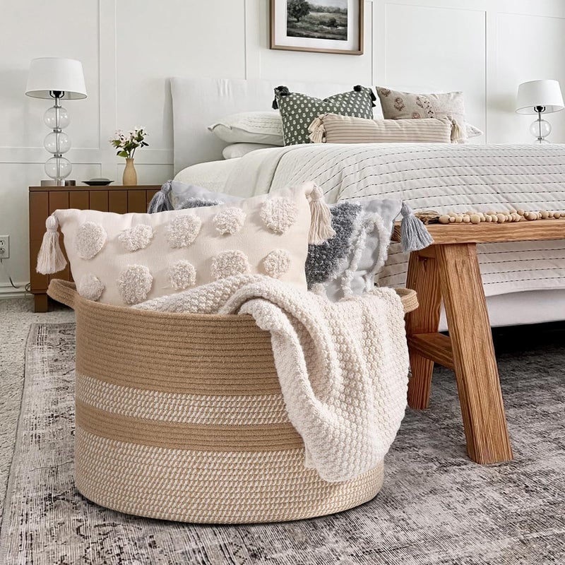ALBY LBY Large Wicker Basket Blanket Basket Living Room Woven Basket with Handle Toy Baskets Storage Kids Laundry Baskets for Clothes Pillows Towel White Jute  - Image 4