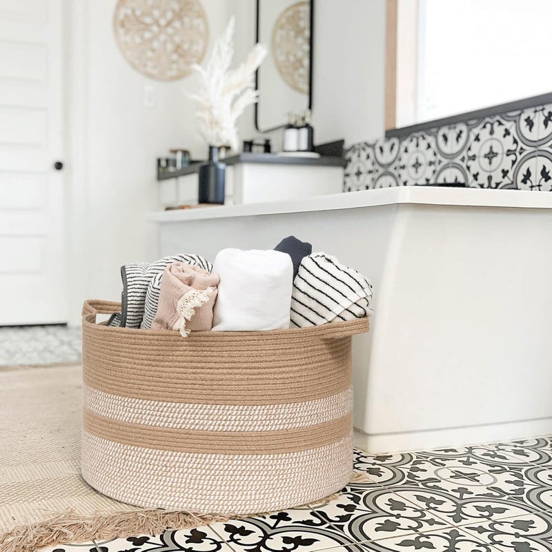 ALBY LBY Large Wicker Basket Blanket Basket Living Room Woven Basket with Handle Toy Baskets Storage Kids Laundry Baskets for Clothes Pillows Towel White Jute  - Image 5