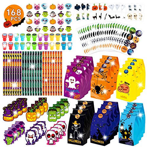 ShyLizard 168PCS Halloween Party Favor Goodie Bag Bulk for Kids Halloween Stationery Set Trick or Treat Toys including Pencil Eraser Notepad Stamper Halloween Bag Stickers and Temporary Tattoos - Image 1