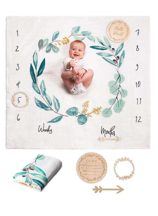 Baby Milestone Blanket Cotton Muslin Blanket Monthly Milestone Blanket for Baby Boy or Girl Unisex Newborn Baby Shower Present for New Mums Flowers and Leaves Theme Includes Wooden Frames - Image 1