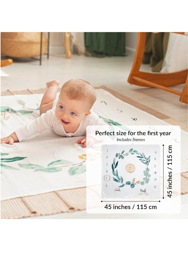 Baby Milestone Blanket Cotton Muslin Blanket Monthly Milestone Blanket for Baby Boy or Girl Unisex Newborn Baby Shower Present for New Mums Flowers and Leaves Theme Includes Wooden Frames - Image 4