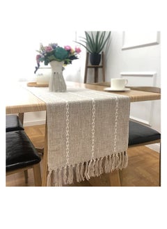 SYOSI Braided Farmhouse Table Runner, Cotton Linen Boho Table Runner, Vintage Woven Table Runner, Cotton Linen Table Decorations with Tassel for Dining Party Holiday Braided Desert Sage 13 x 70''  - Image 1