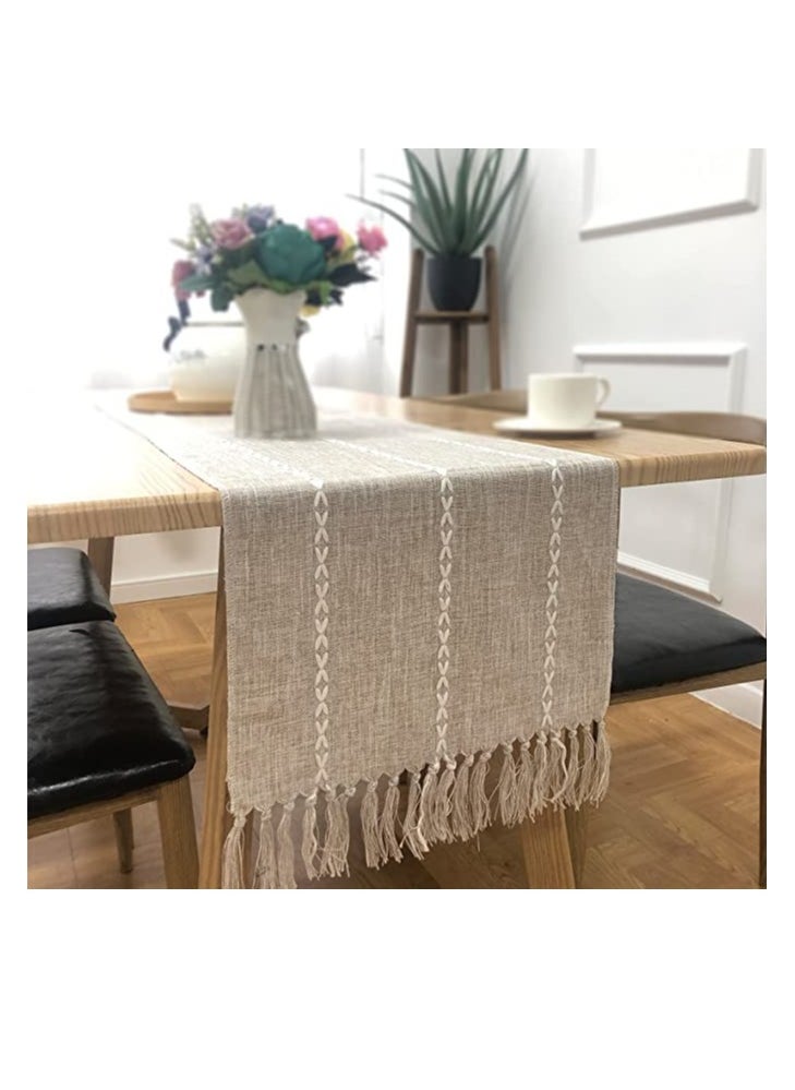 SYOSI Braided Farmhouse Table Runner, Cotton Linen Boho Table Runner, Vintage Woven Table Runner, Cotton Linen Table Decorations with Tassel for Dining Party Holiday Braided Desert Sage 13 x 70''  - Image 1