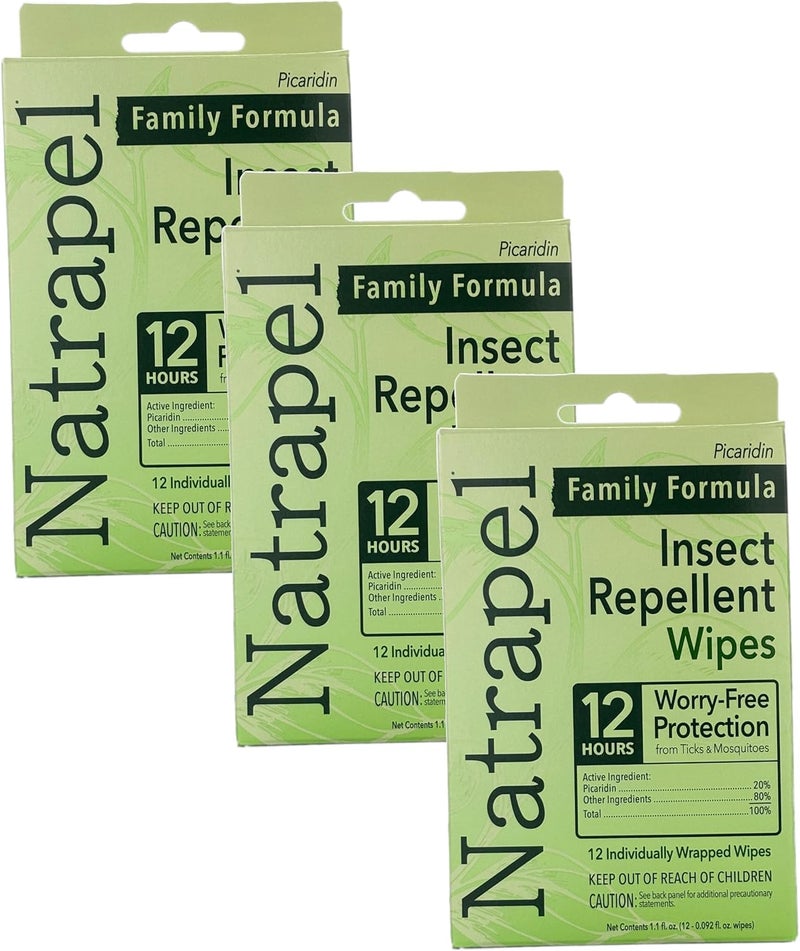 Natrapel Tick & Insect Repellent Wipes - Bug Spray with 20% Picaridin - Family Protection Against Mosquitoes, Ticks & More - Up to 12 Hours of Protection - 12 Wipes (3 Pack) - Image 1