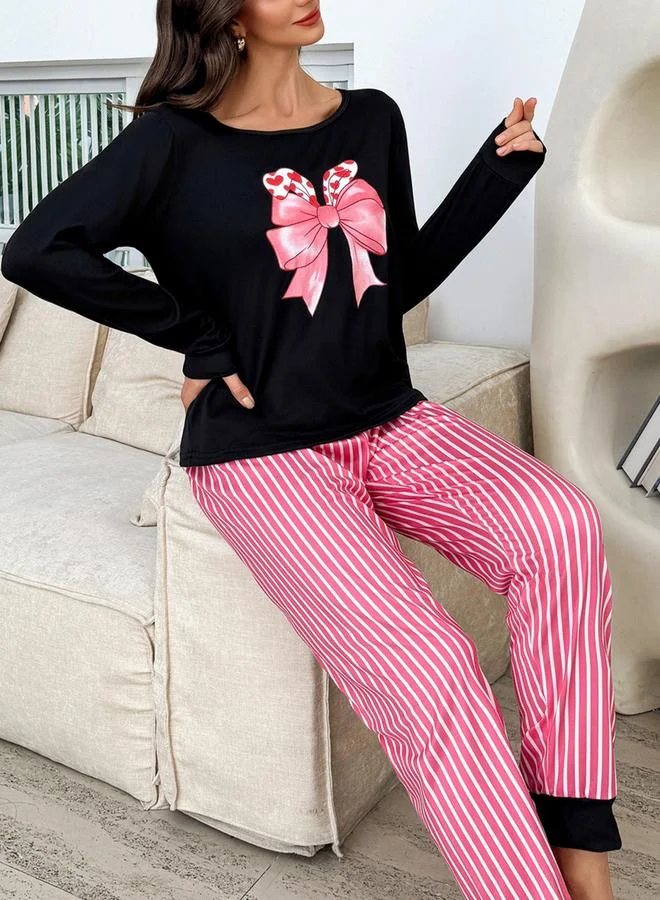 Take Two  Black Bowknot Print T-Shirt and Striped Pyjama Set for Women | Best Price UAE