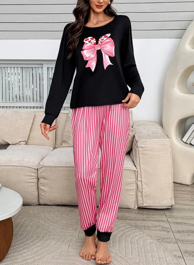 Take Two  Black Bowknot Print T-Shirt and Striped Pyjama Set for Women | Best Price UAE