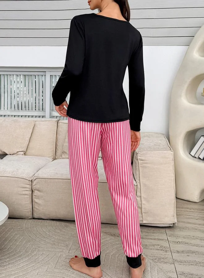 Take Two Black Bowknot Print T-Shirt and Striped Pyjama Set
