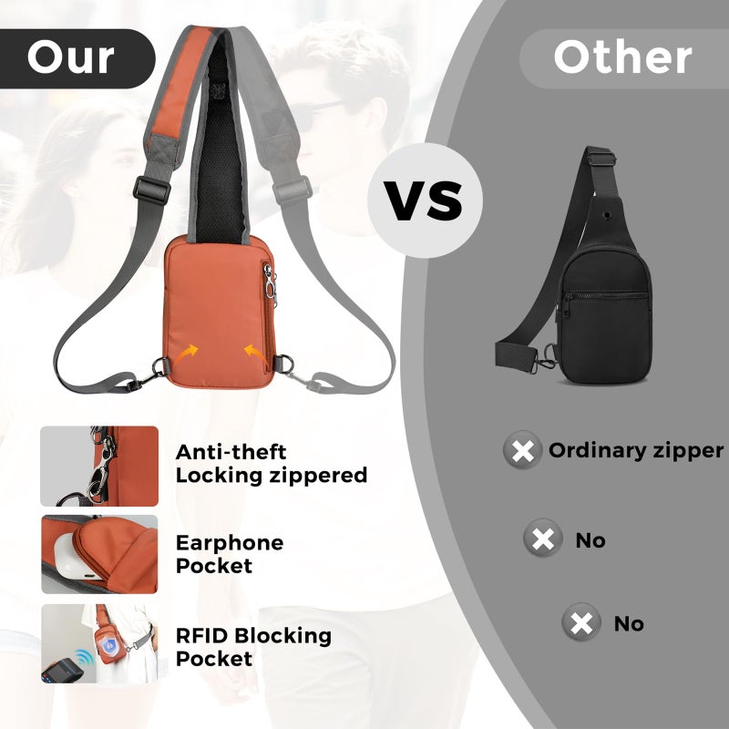 VADOO Sling Bag, Crossbody Bag with Zipper Lock, RFID Blocking & Water Resistant for Men and Women (Orange) - Image 5
