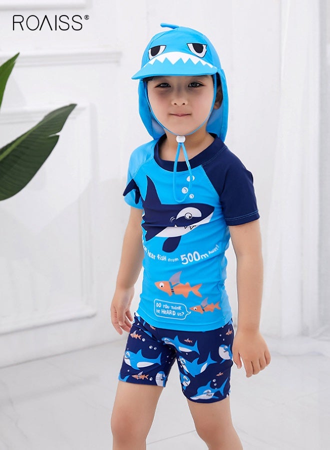 roaiss Boys 3PCS Swimsuit, Quick-drying Swim Set with Shark Top, Drawstring Shorts and Sunscreen Hat, Summer Bathing Suit, Rash Guard Short Sleeve Swimsuits  - Image 4