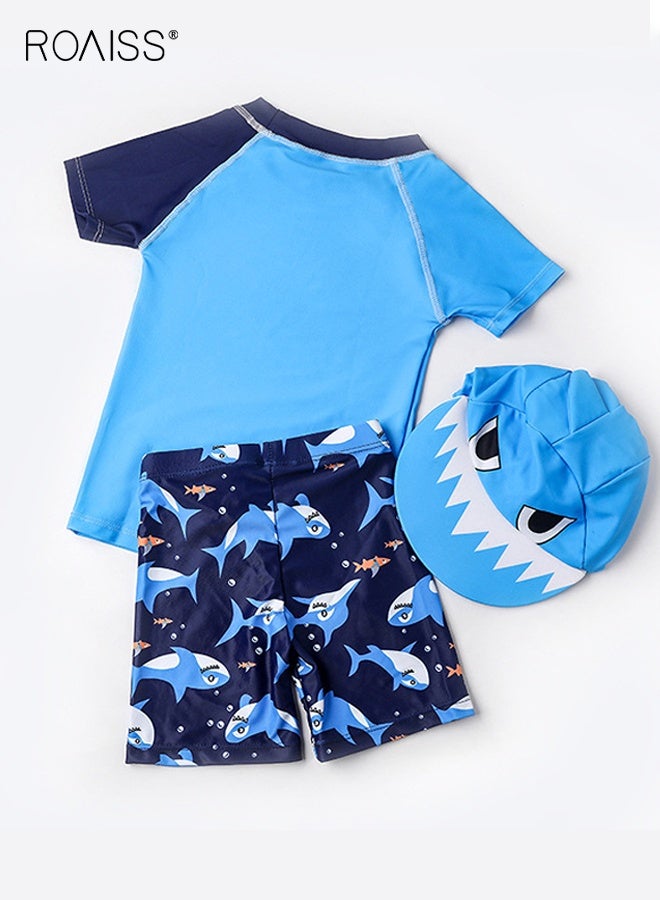roaiss Boys 3PCS Swimsuit, Quick-drying Swim Set with Shark Top, Drawstring Shorts and Sunscreen Hat, Summer Bathing Suit, Rash Guard Short Sleeve Swimsuits  - Image 3