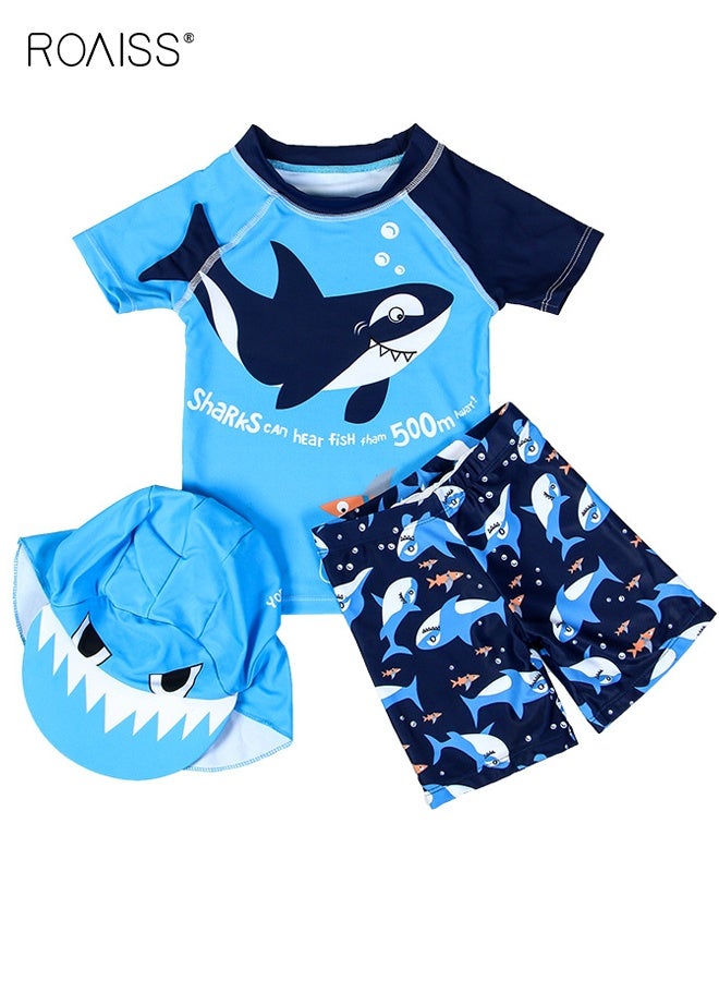 roaiss Boys 3PCS Swimsuit, Quick-drying Swim Set with Shark Top, Drawstring Shorts and Sunscreen Hat, Summer Bathing Suit, Rash Guard Short Sleeve Swimsuits  - Image 1