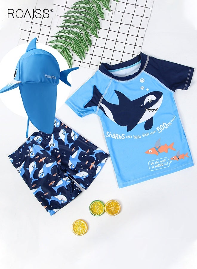 roaiss Boys 3PCS Swimsuit, Quick-drying Swim Set with Shark Top, Drawstring Shorts and Sunscreen Hat, Summer Bathing Suit, Rash Guard Short Sleeve Swimsuits  - Image 2