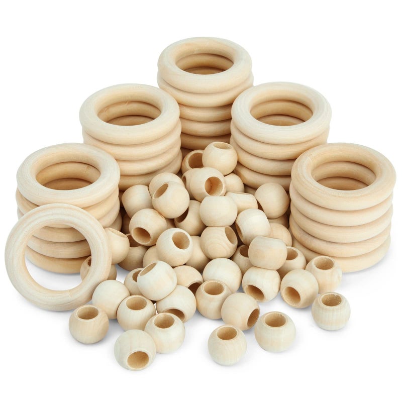 Bright Creations Set of 50 Wooden Beads and 30 Rings for Macrame DIY Pendant Connectors Wall Hanging Craft 22 in20mm  Wooden Craft Rings