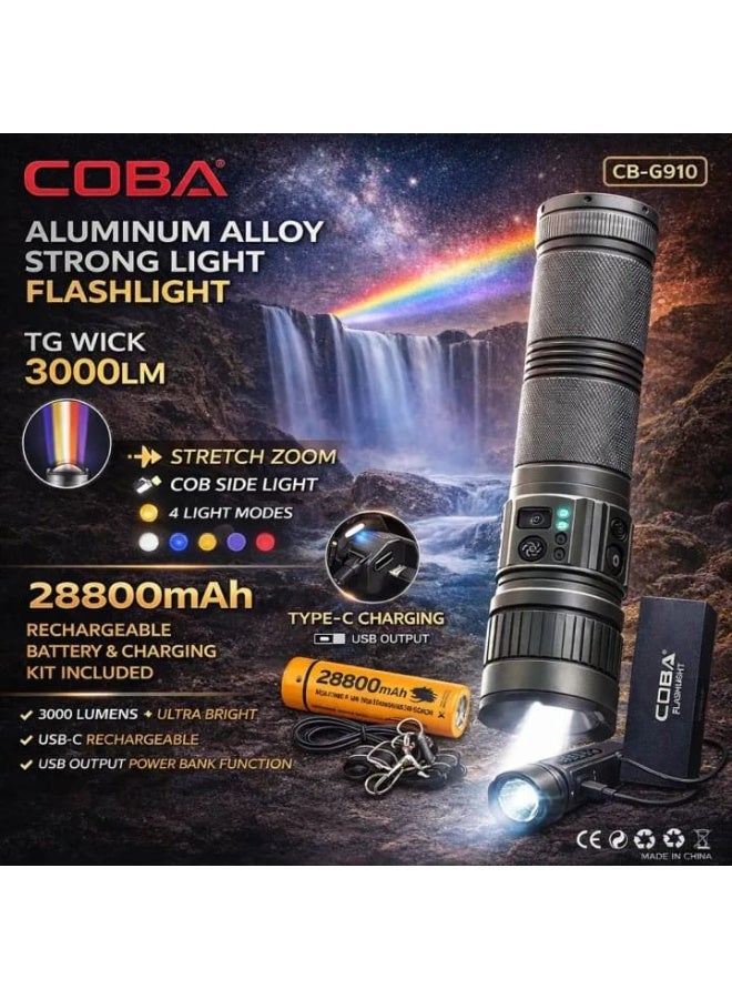 كوبا مصباح COBA CB-G910 فائق السطوع قابل لإعادة الشحن - 3000 لومن، تكبير/تصغير قابل للتمديد، إضاءة جانبية COB وبطارية USB - Image 3