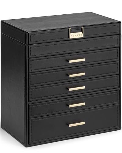 VLANDO 6 Layer Large Jewelry Box Jewelry Holder Organizer Jewelry Box Organizer for Drawer Necklace Ring Bracelet and Watch Birthday Gift for Loved Ones Black - Image 1