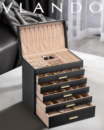 VLANDO 6 Layer Large Jewelry Box Jewelry Holder Organizer Jewelry Box Organizer for Drawer Necklace Ring Bracelet and Watch Birthday Gift for Loved Ones Black - Image 3