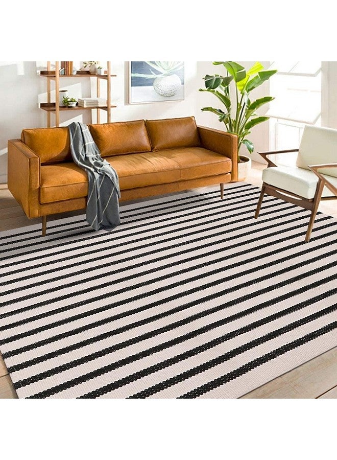 LEEVAN Black and White Striped Outdoor Area Rug 4x6 ft Patio Rugs Washable Woven Cotton Boho Living Room Rug Farmhouse Collection Large Floor Carpet for Courtyard/Bedroom - Image 1